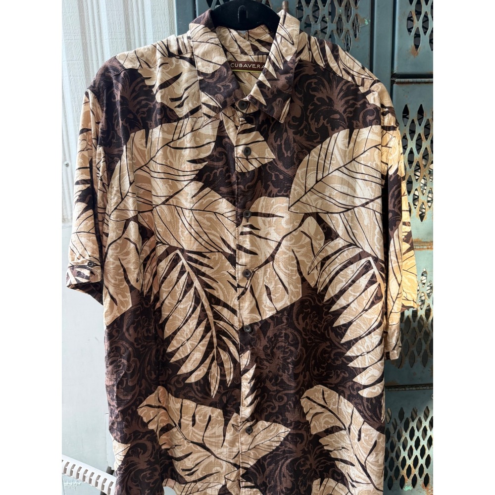 Cubavera Mens XL Brown Tan Tropical Leaf Print Viscose Rayon Short Sleeve Shirt